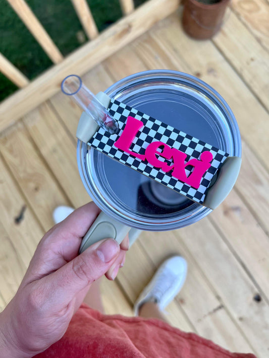 Personalized Black and White Checkered with Pink Name Cup Tags