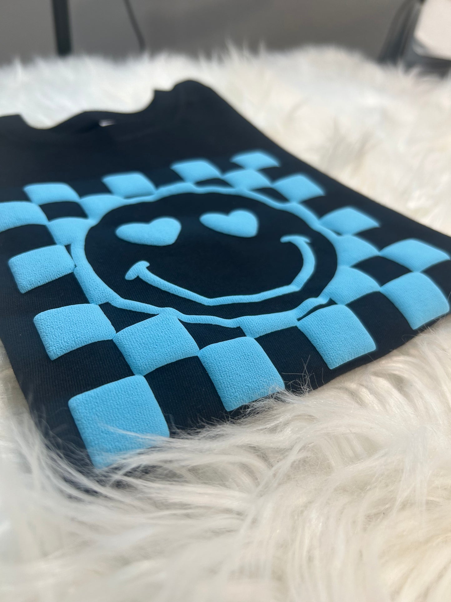 Happy Checkered Blue Puff Print