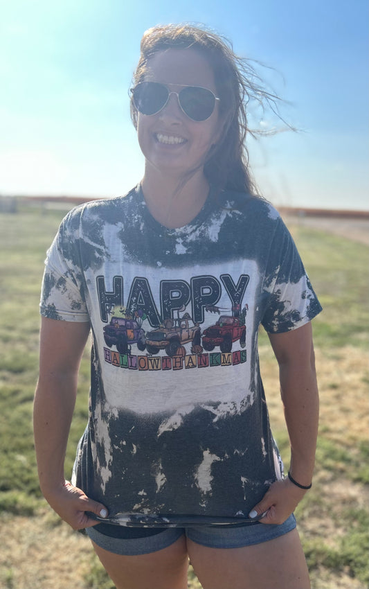 Happy Hallothankmas Bleached Top in Dark Grey