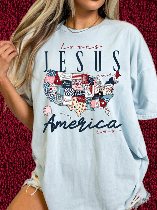 DTF Prints - loves Jesus and America too