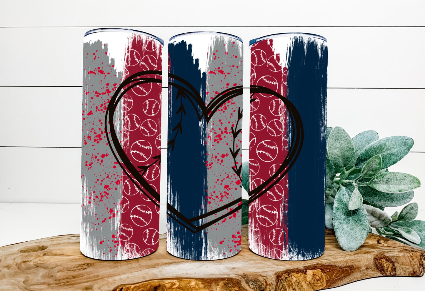 Baseball Heart Blue, Grey And Red Brushstrokes Background Tumbler Sublimation Print