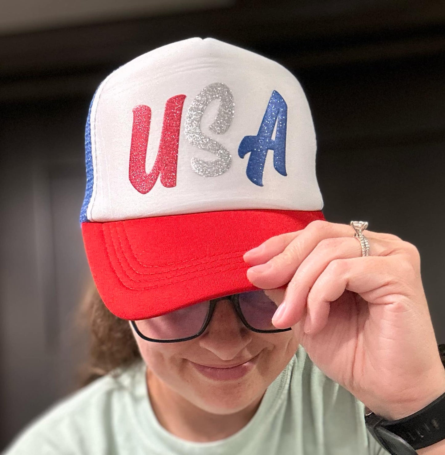 Glitter Puff USA RWB Trucker Hat