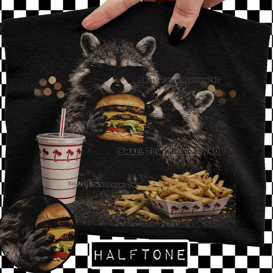 WS Completed Top Halftone Raccoon Palm Tree Burger & Fries