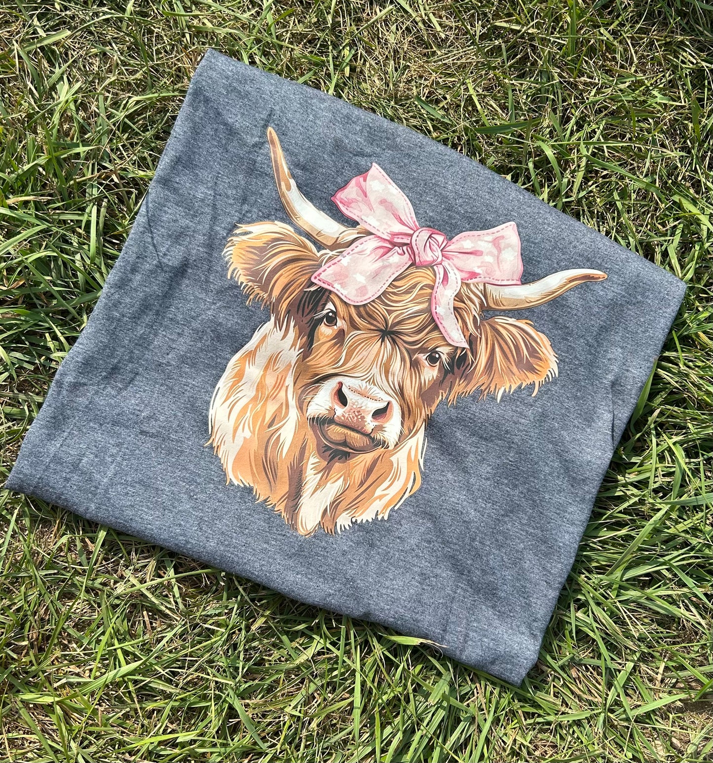 RTS Highland Cow with Pink Bow Top Dark Grey