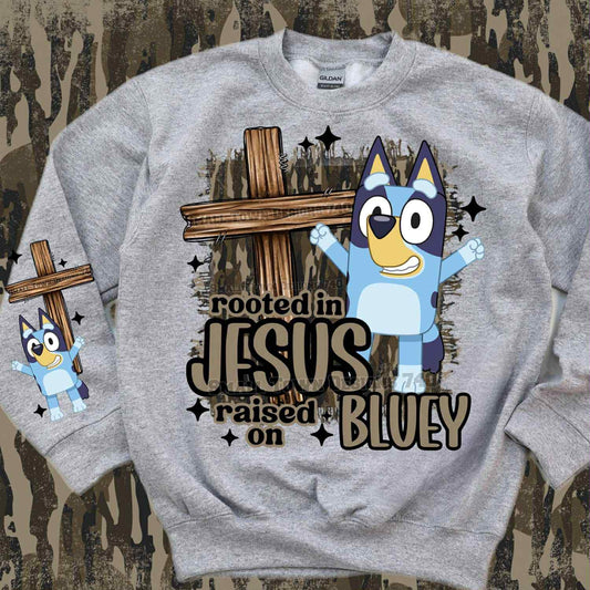 DTF Print- Rooted in Jesus Raised on Blue Dog