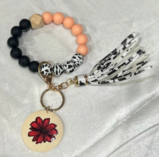 RTS Wood Pink Flower Peach and Black Wristlet