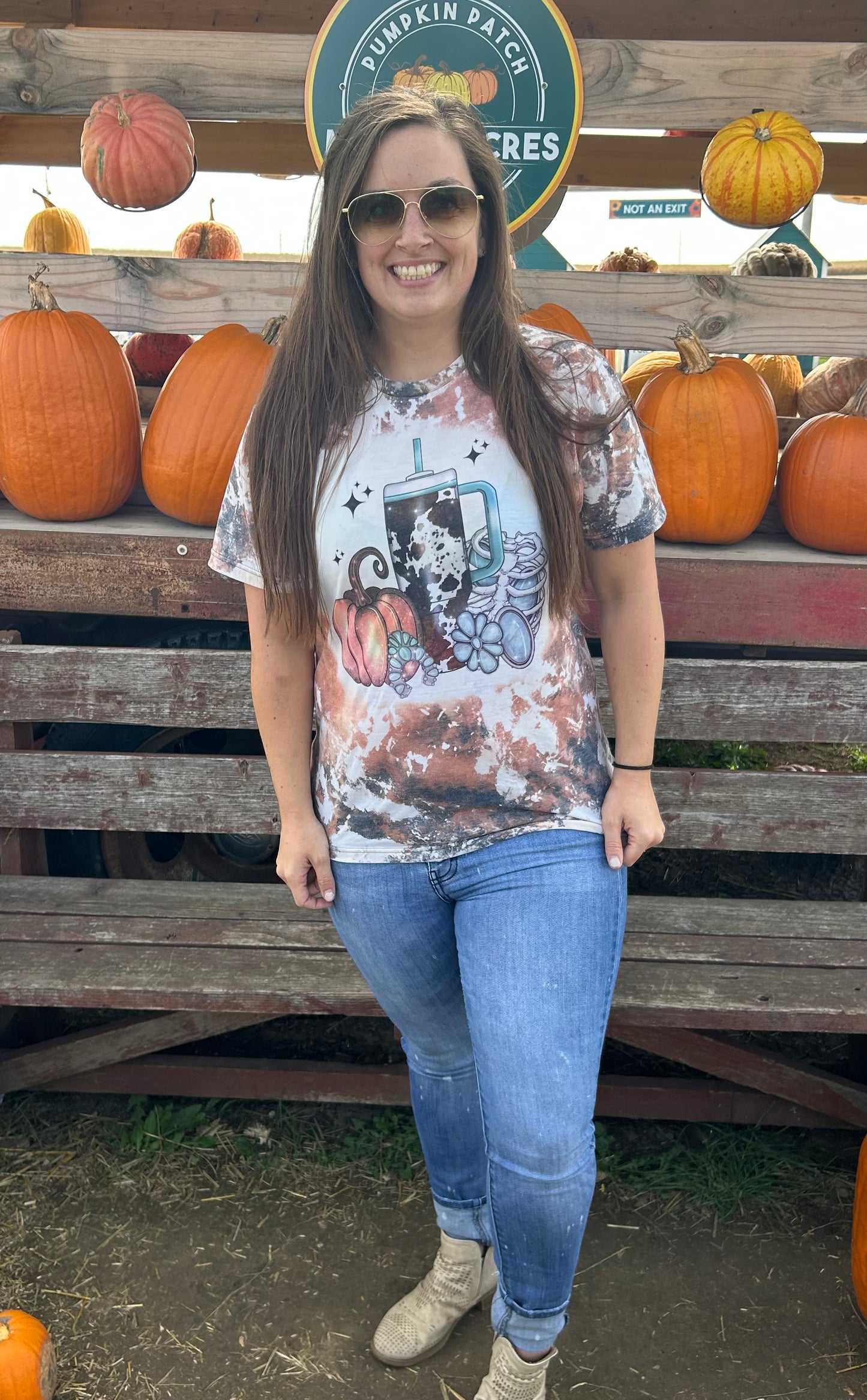 Boujee western pumpkin Bleached Top in Cow Print