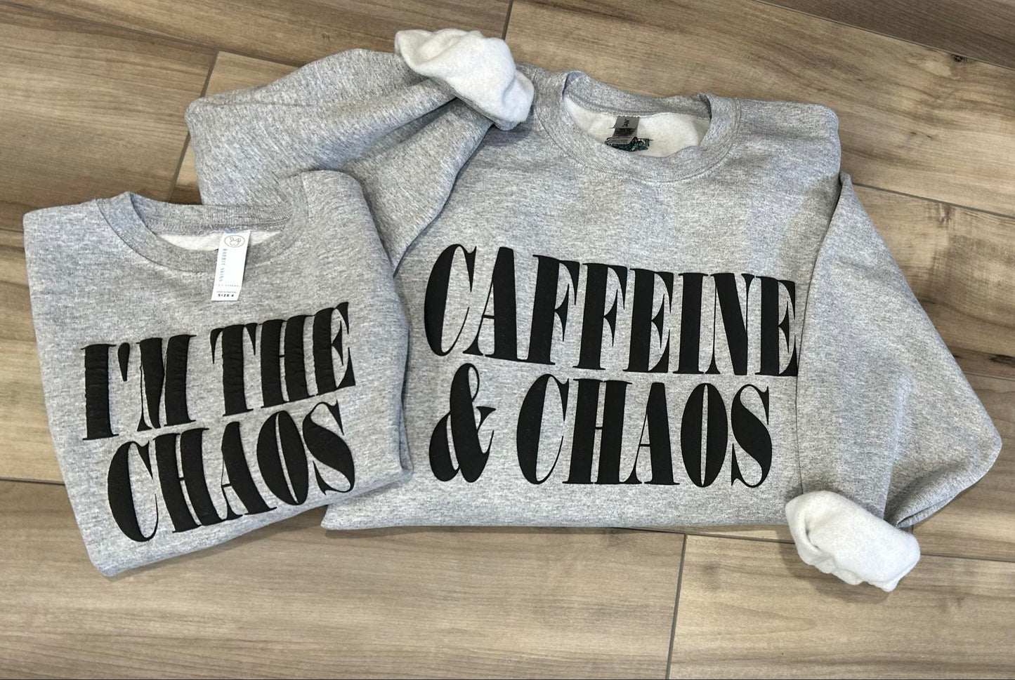 Caffeine and Chaos Mama and Mini Black Puff Print Top Set