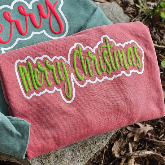 WS Completed Merry Christmas Puff with Glitter Outline Top