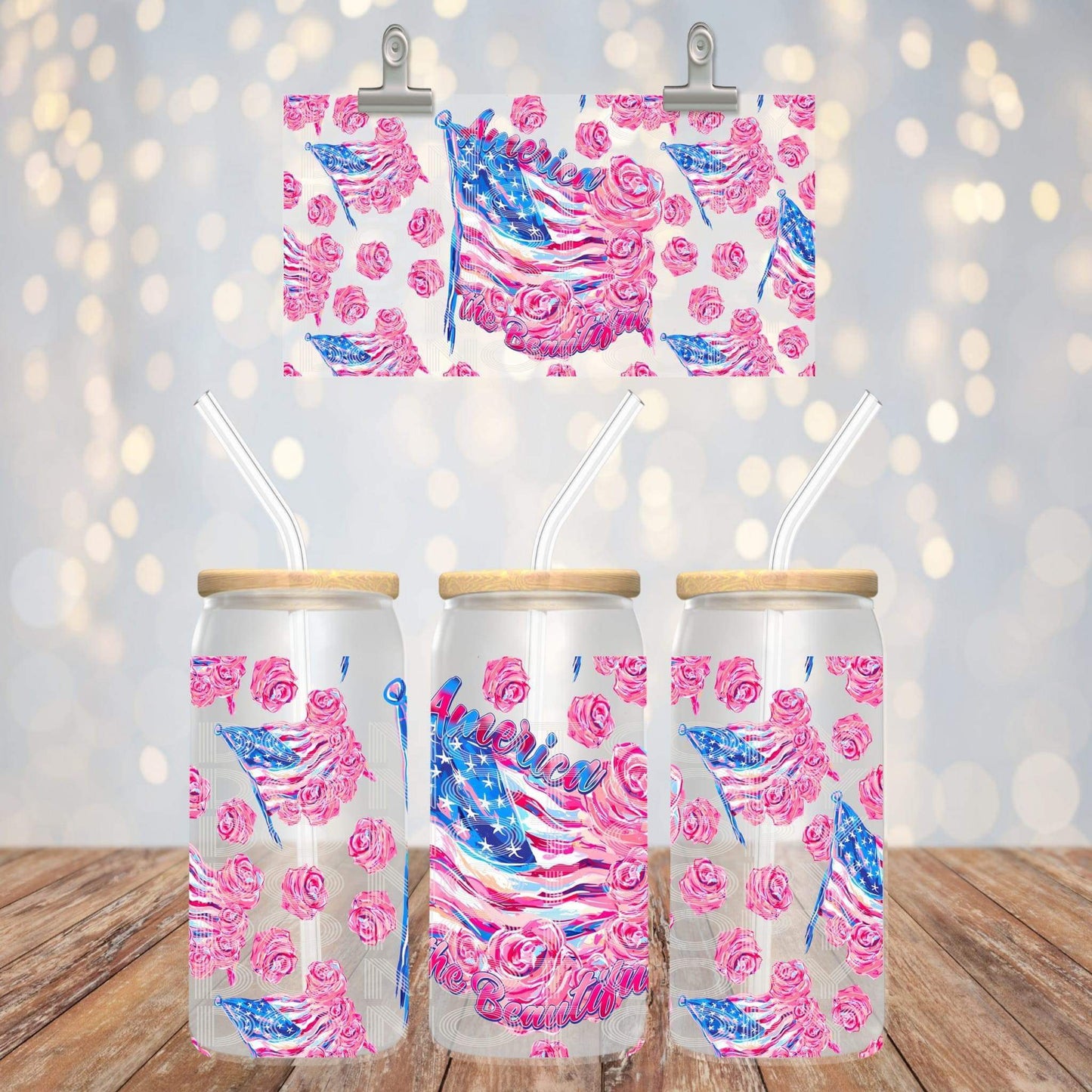 America The Beautiful 16oz Glass Can with Bamboo Lid