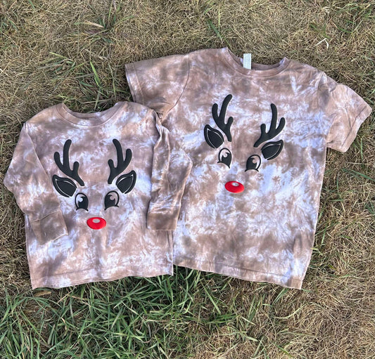 Kids Reindeer Puff Printed Face Tie Dye Top