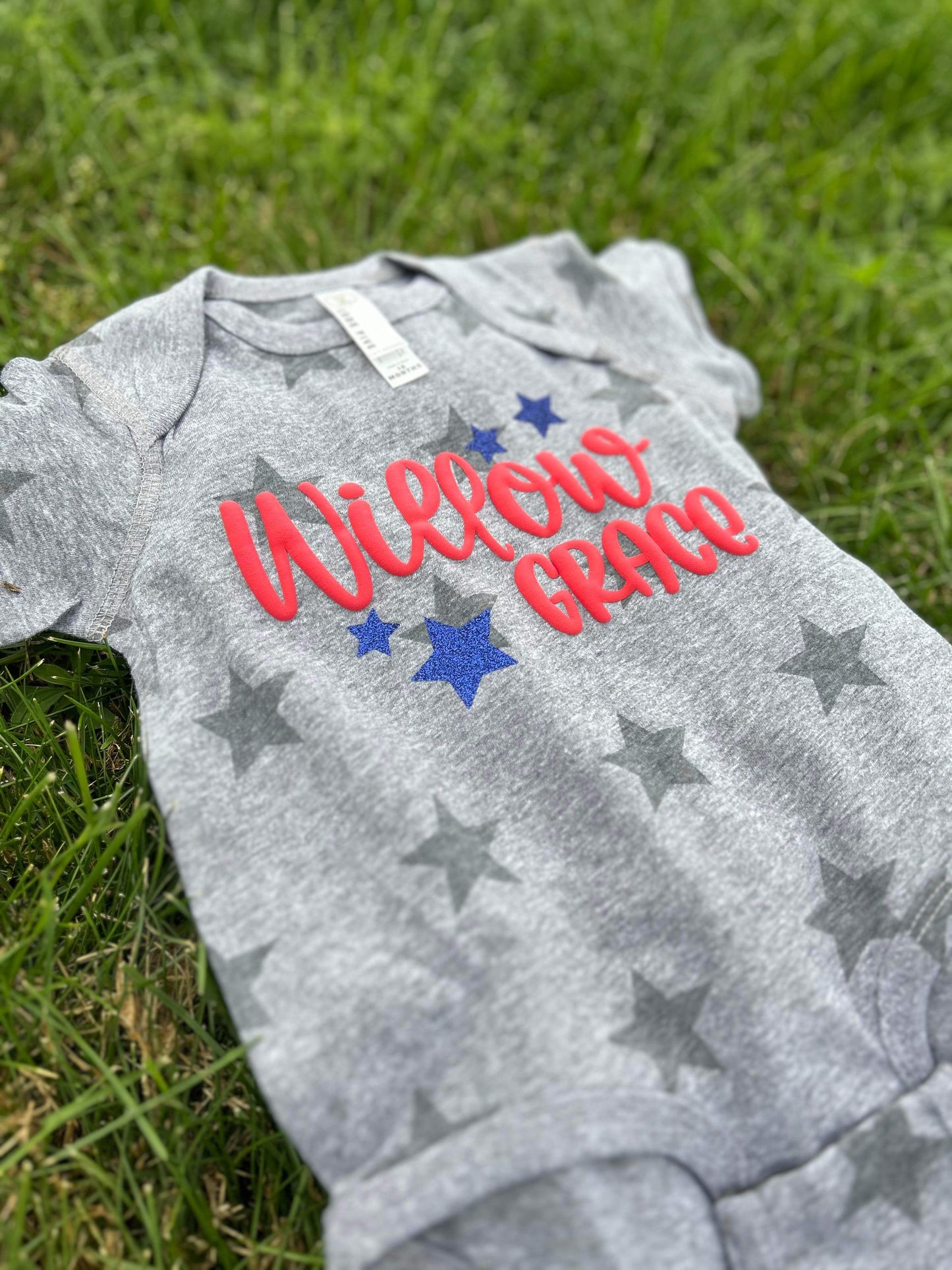 Kids Name & Star Puff Print Top in Stars Neutral or Grey