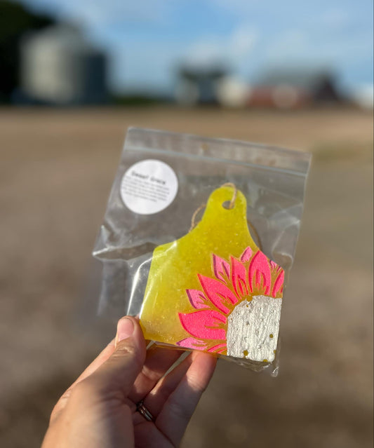 Sunflower Cow Tag Freshie in Sweet Grace Scent