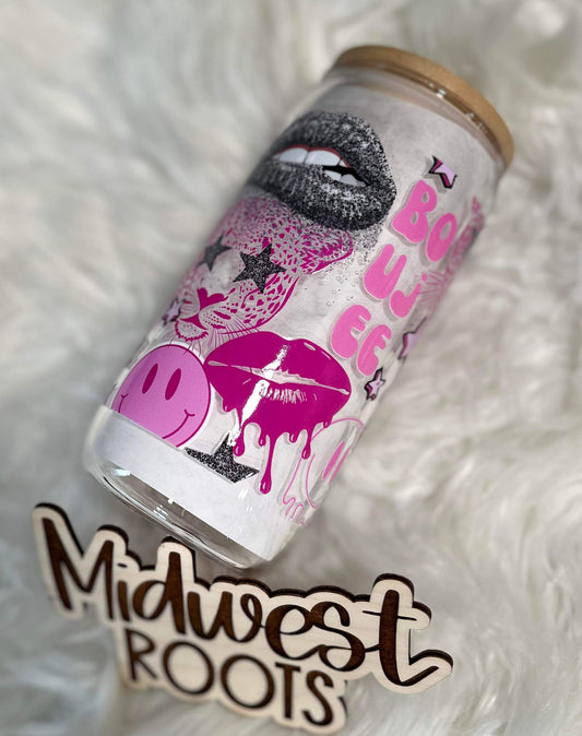 Pink Boujee 16oz Glass Can with Bamboo Lid