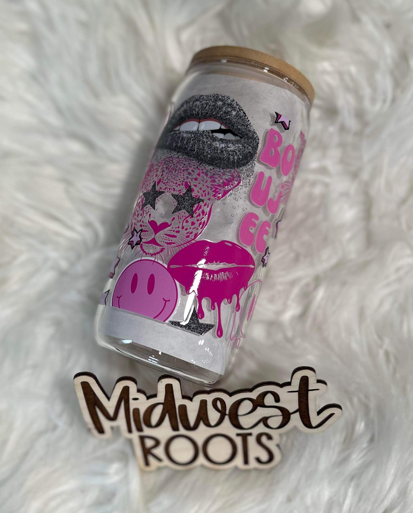 Pink Boujee 16oz Glass Can with Bamboo Lid