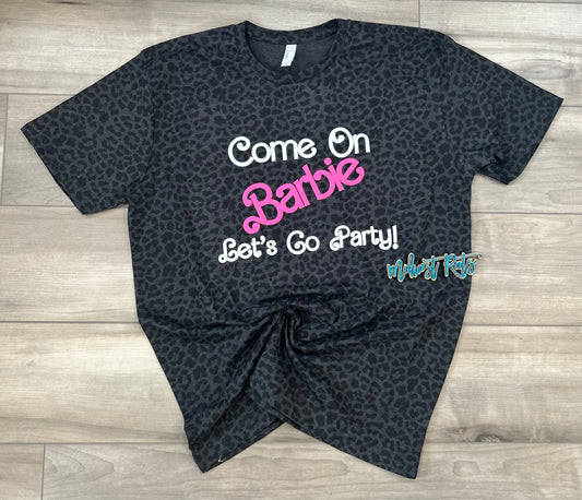 Come on Barb_e Let’s Go Party White and Pink Puff Print Top in Black Cheetah