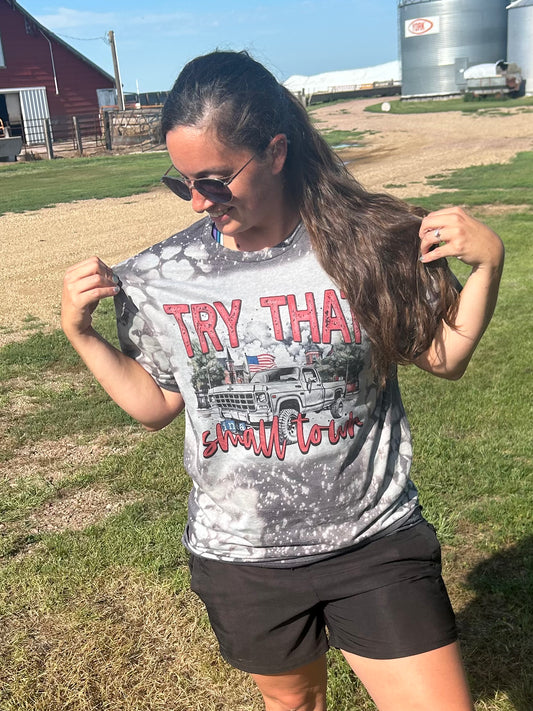 WS Completed In a Small Town Bleached Grey Top with Cow Print
