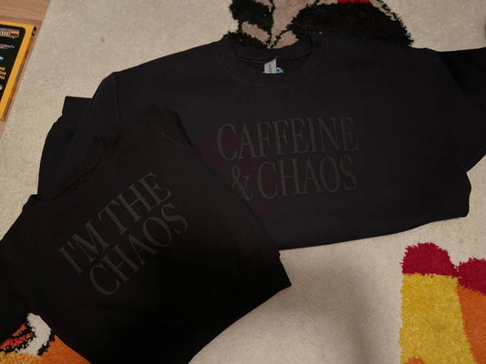 Caffeine and Chaos Mama and Mini Black Puff Print Top Set