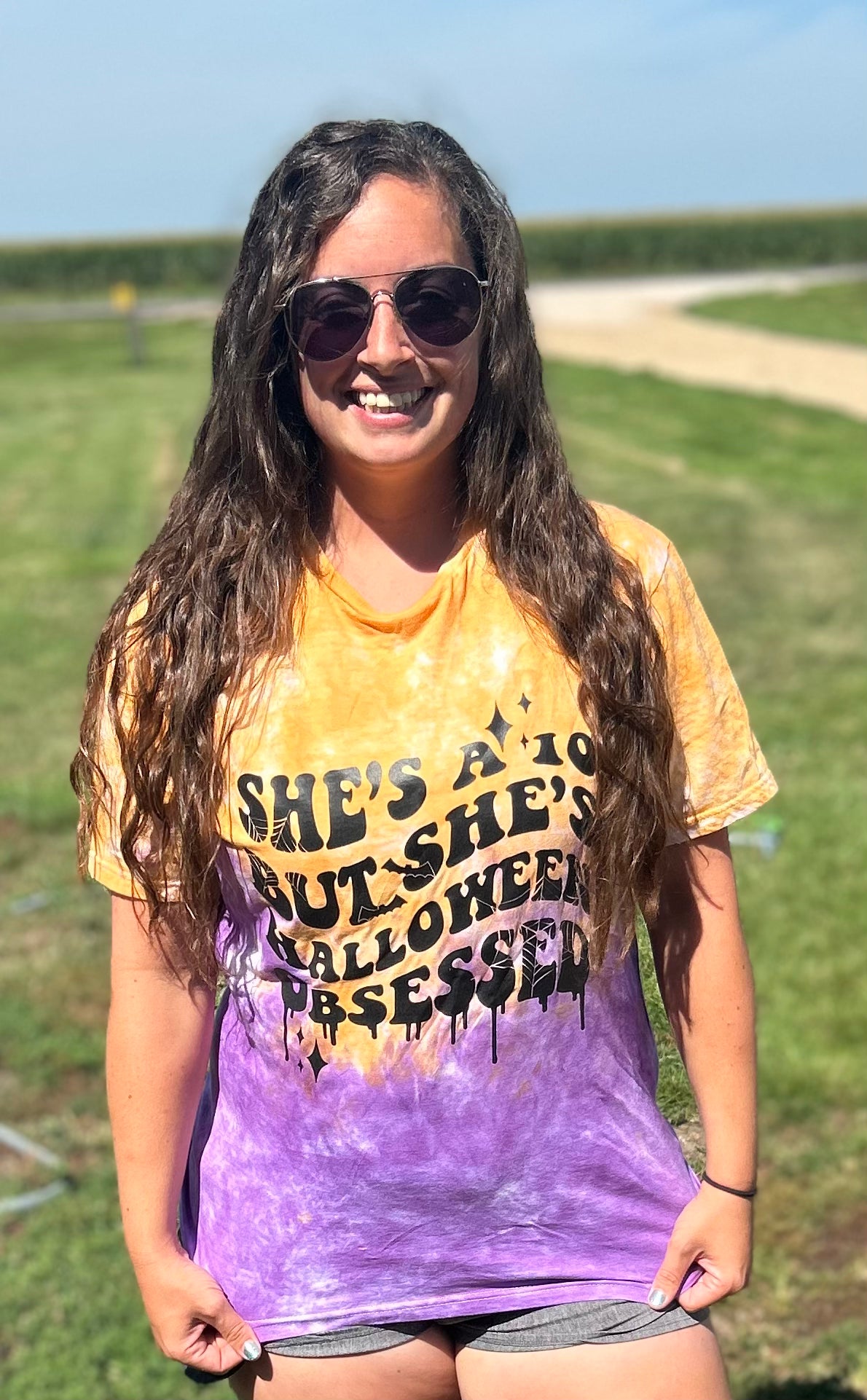 RTS She's a 10 But She's Halloween Obsessed Top in Orange and Purple Ombre Tie Dye