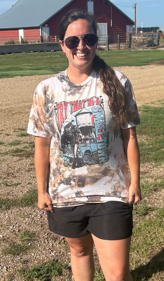 WS Completed In a Small Town Cow Print Bleached Top