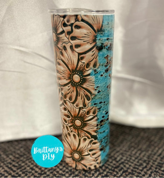 Tooled leather/Teal Wood Tumbler