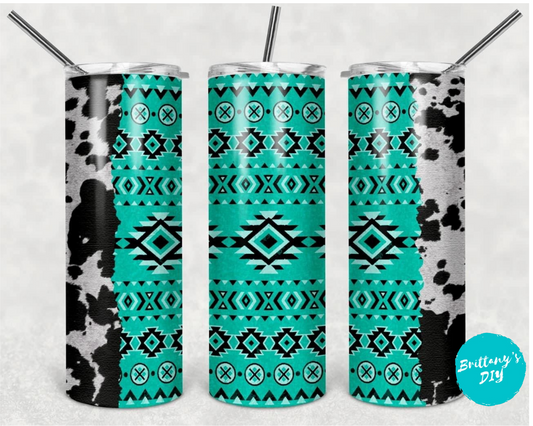 Turquoise Aztec/Cow Print Tumbler