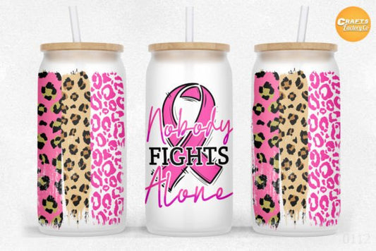 Nobody Fights Alone Pink Cheetah Glass Can with Bamboo Lid