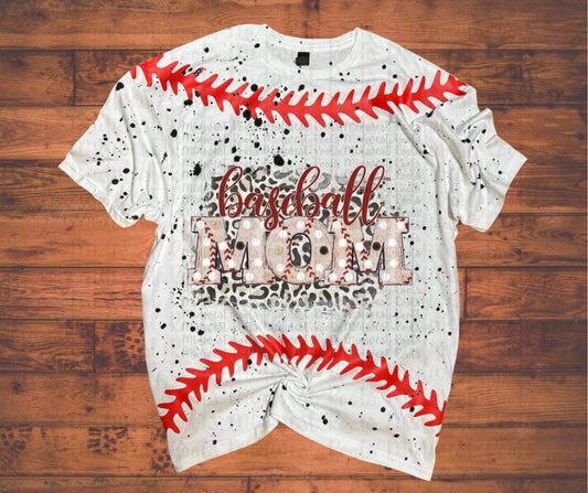 Baseball Mom Leopard Background with Laces Splattered Top