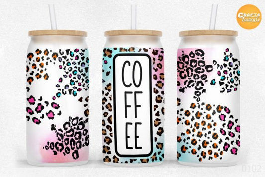 Pink and Blue Cheetah Coffee Glass Can with Bamboo Lid