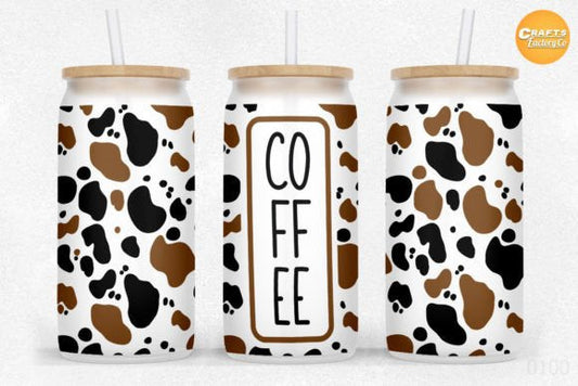 Cow Print Coffee Glass Can with Bamboo Lid