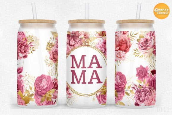 Mama Pink Flowers Glass Can with Bamboo Lid