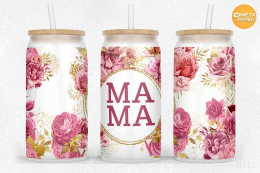 Mama Pink Flowers Glass Can with Bamboo Lid